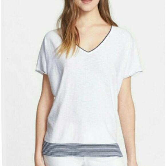 Vince Womens Small S Pink White Striped Hem V Neck Short Sleeve Knit Top Cotton - Picture 11 of 11